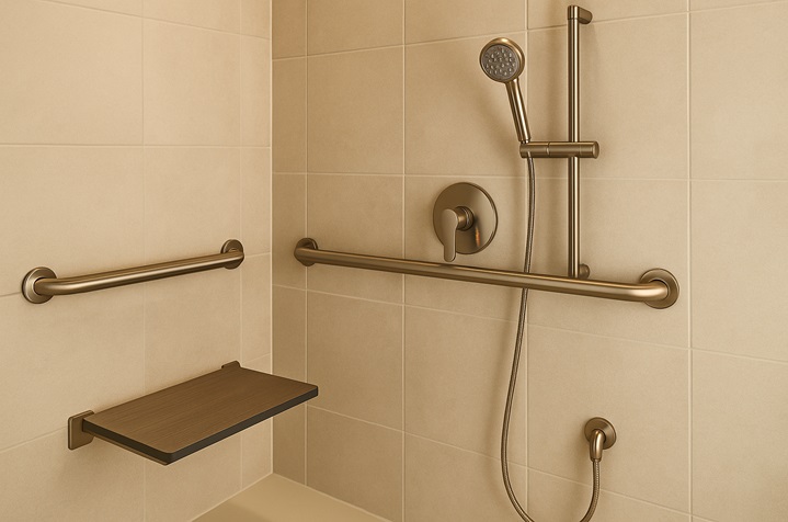 Coordinated shower trims and grab bars in finishes suitable for healthcare and hospitality
